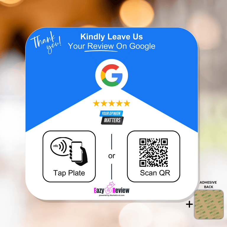 'Adhesive back' NFC Google Review Plate - 12 x 12cm
