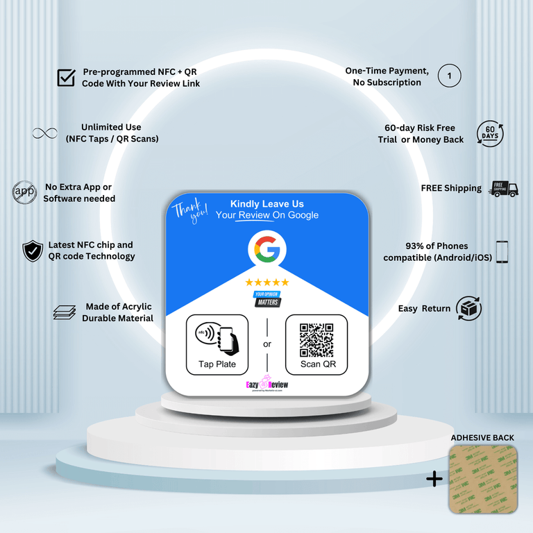 'Adhesive back' NFC Google Review Plate - 12 x 12cm